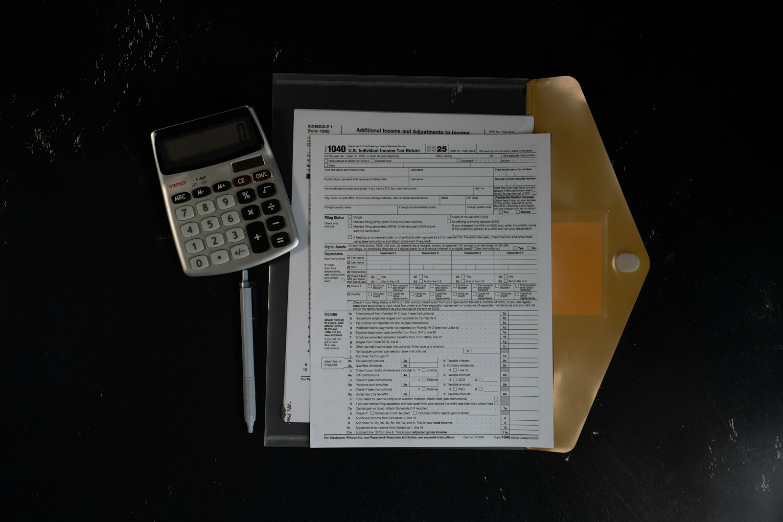 Calculator, pen and accounting documents prepared for financial review