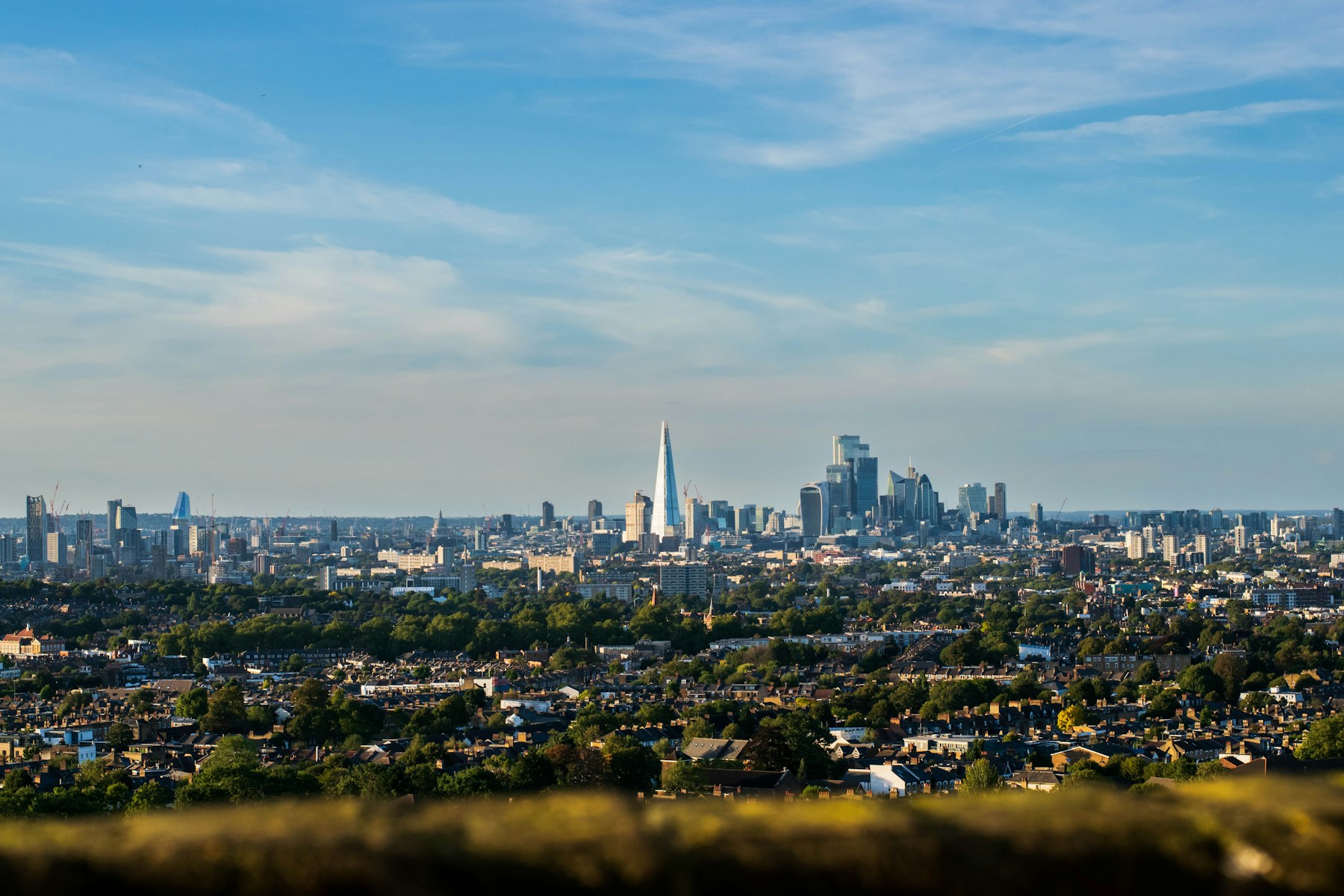 London financial district skyline under a clear sky